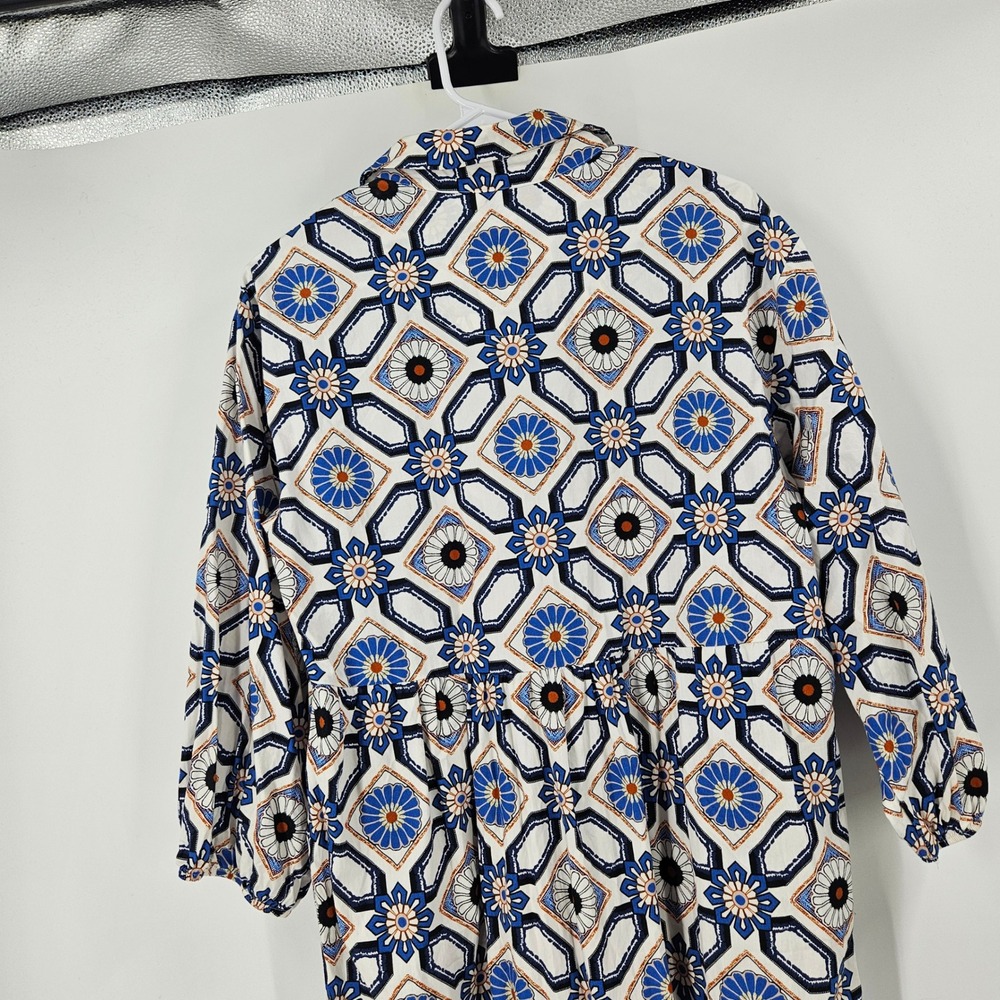 Maeve Anthropologie Bettina Tiered Shirt Dress Blue White Geometric Tile Print M - Picture 10 of 10
